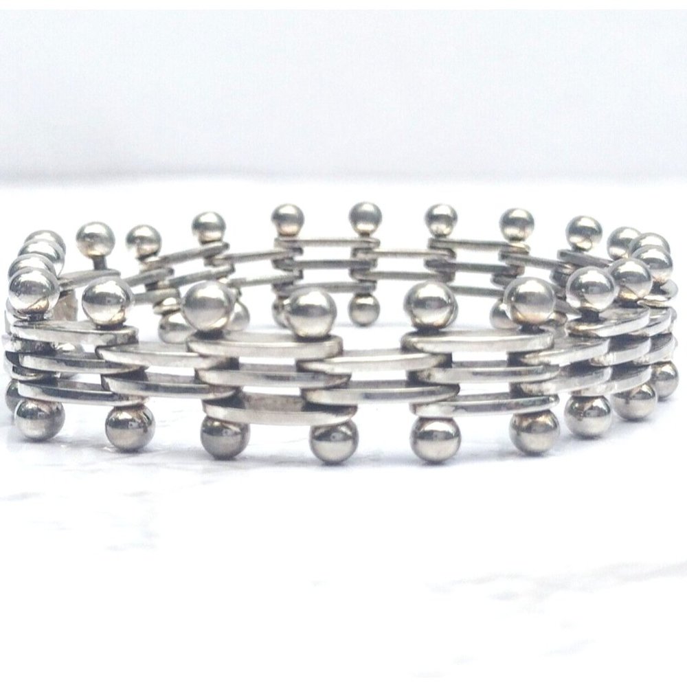 925 Sterling Silver Solid Hinged Ball Link Bracelet 7 3/8" 35.4 Grams